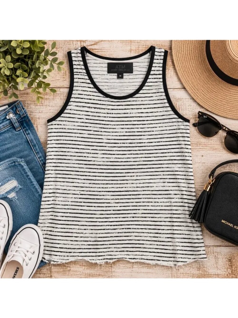 ATM Anthony Thomas Melillo Women’s M Striped Tank Top Black White Raw Hem